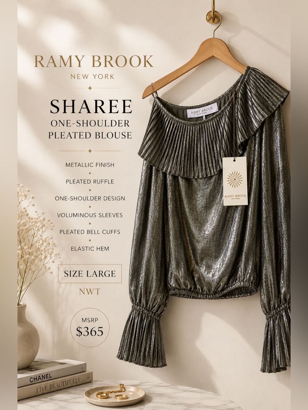 Ramy Brook Sharee Metallic One-Shoulder Pleated Blouse Gunmetal Size Large